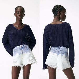 NWT Zara light wash blue denim bleach dip dye cut off distressed jean shorts